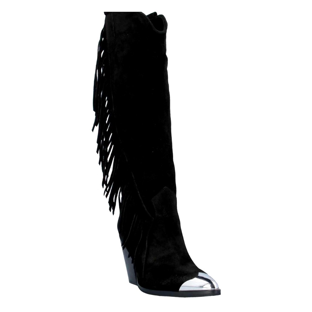 FREE PEOPLE Black Suede Boots Fringe Western Festival Silver Toe Tips Caps 40 10 - Picture 9 of 12